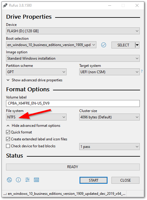 rufus windows 10 usb fat32 or ntfs